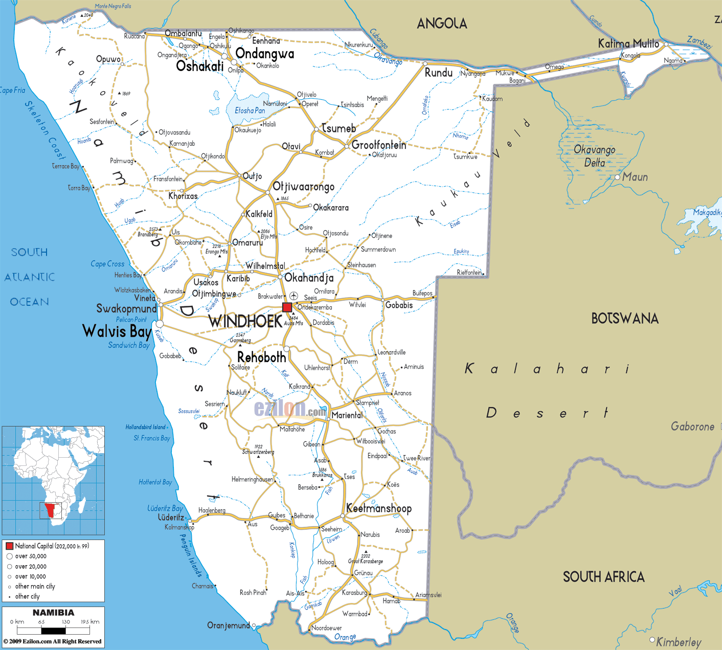 Road Map of Namibia and Namibian Road Maps