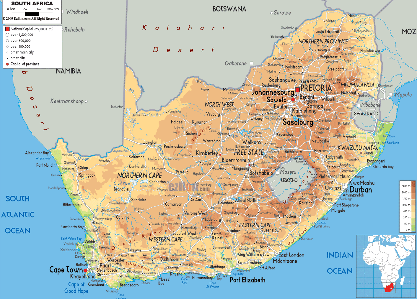 Physical Map of South Africa - Ezilon Maps