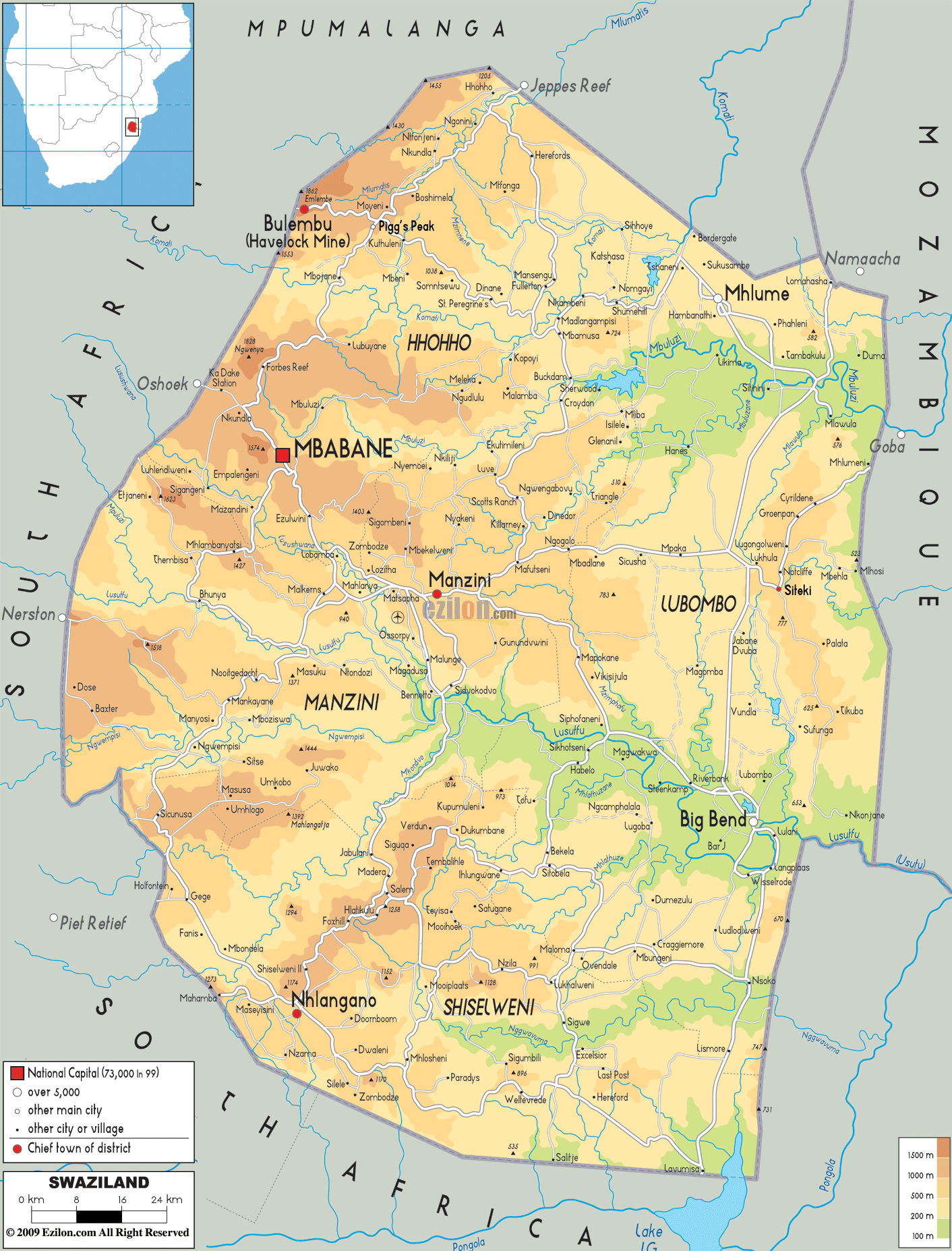 Physical Map of Swaziland - Ezilon Maps