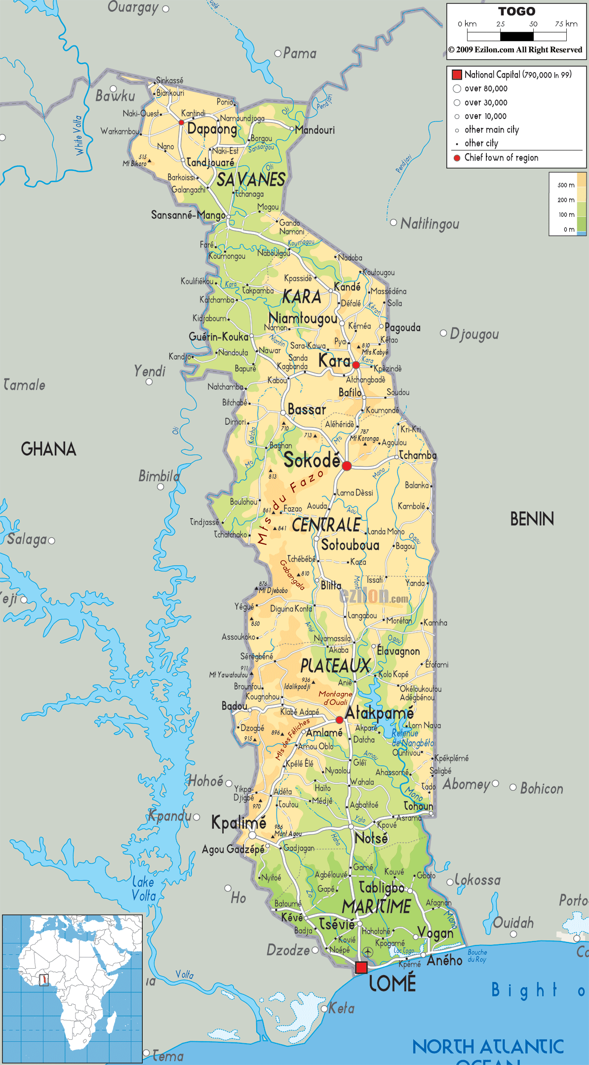 Physical Map of Togo- Ezilon Maps