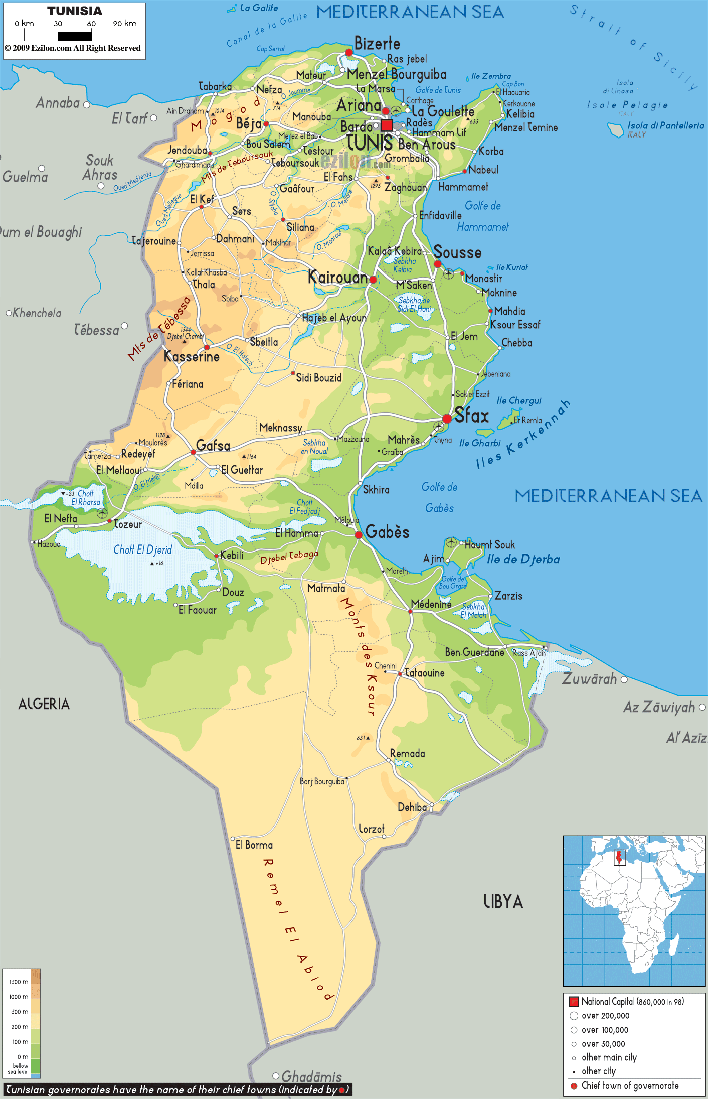 Physical Map of Tunisia- Ezilon Maps