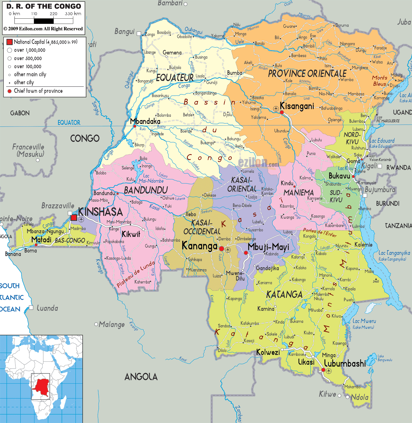 Map of D. R. of Congo and D. R. of Congo Physical Map