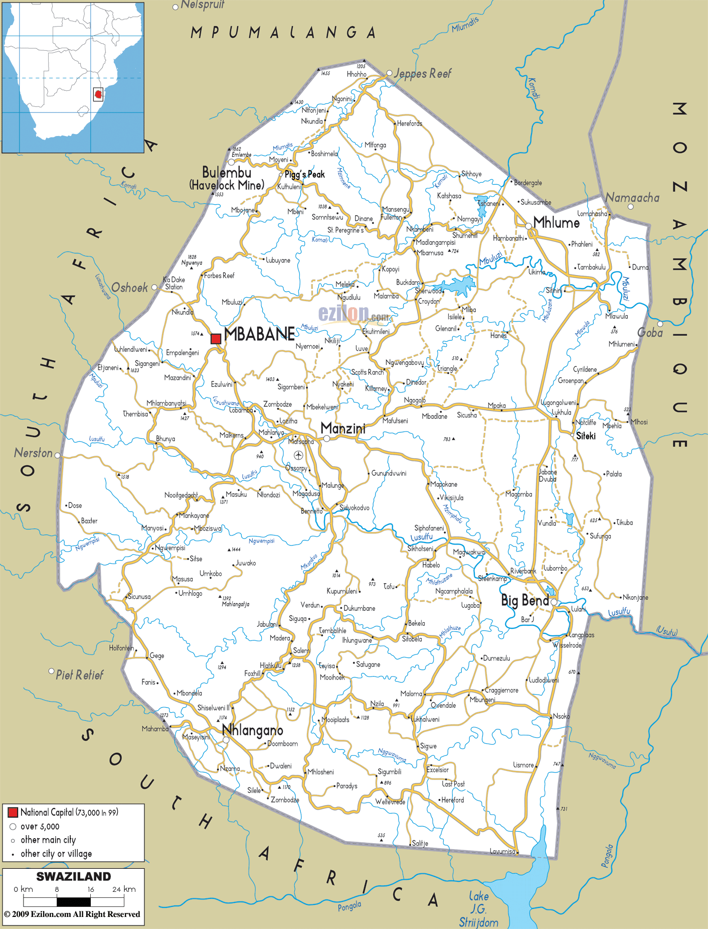 Road Map of Swaziland - Ezilon Maps