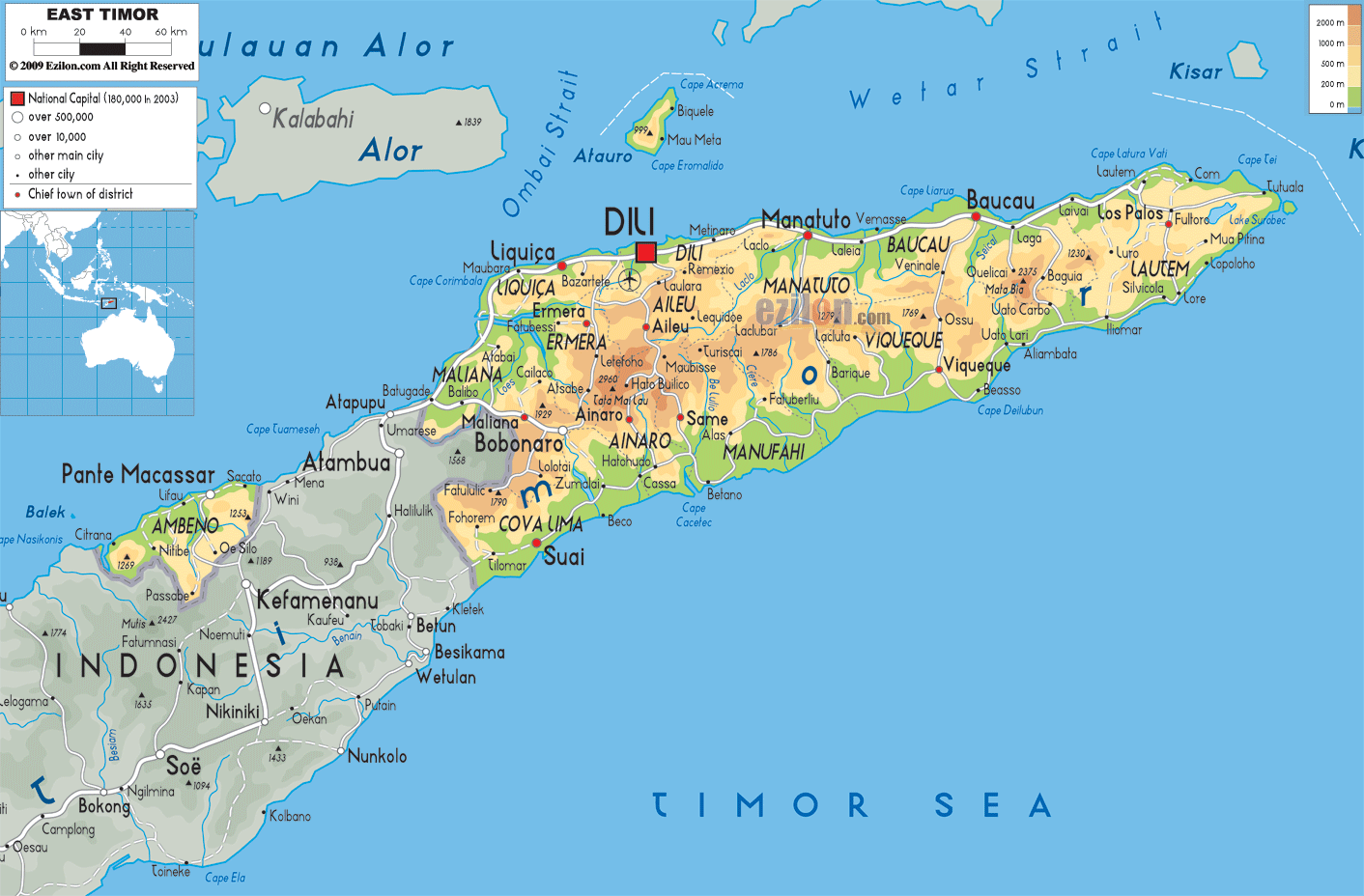 Большая автодорожная и физическая карта Восточного Тимора. Восточный Тимор - большая карта автодорог и физическая карта Vidiani.