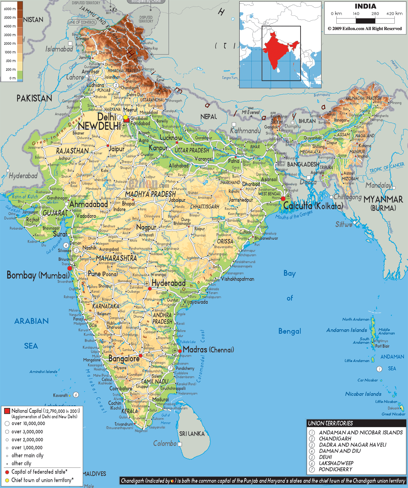 Physical Map of India - Ezilon Maps