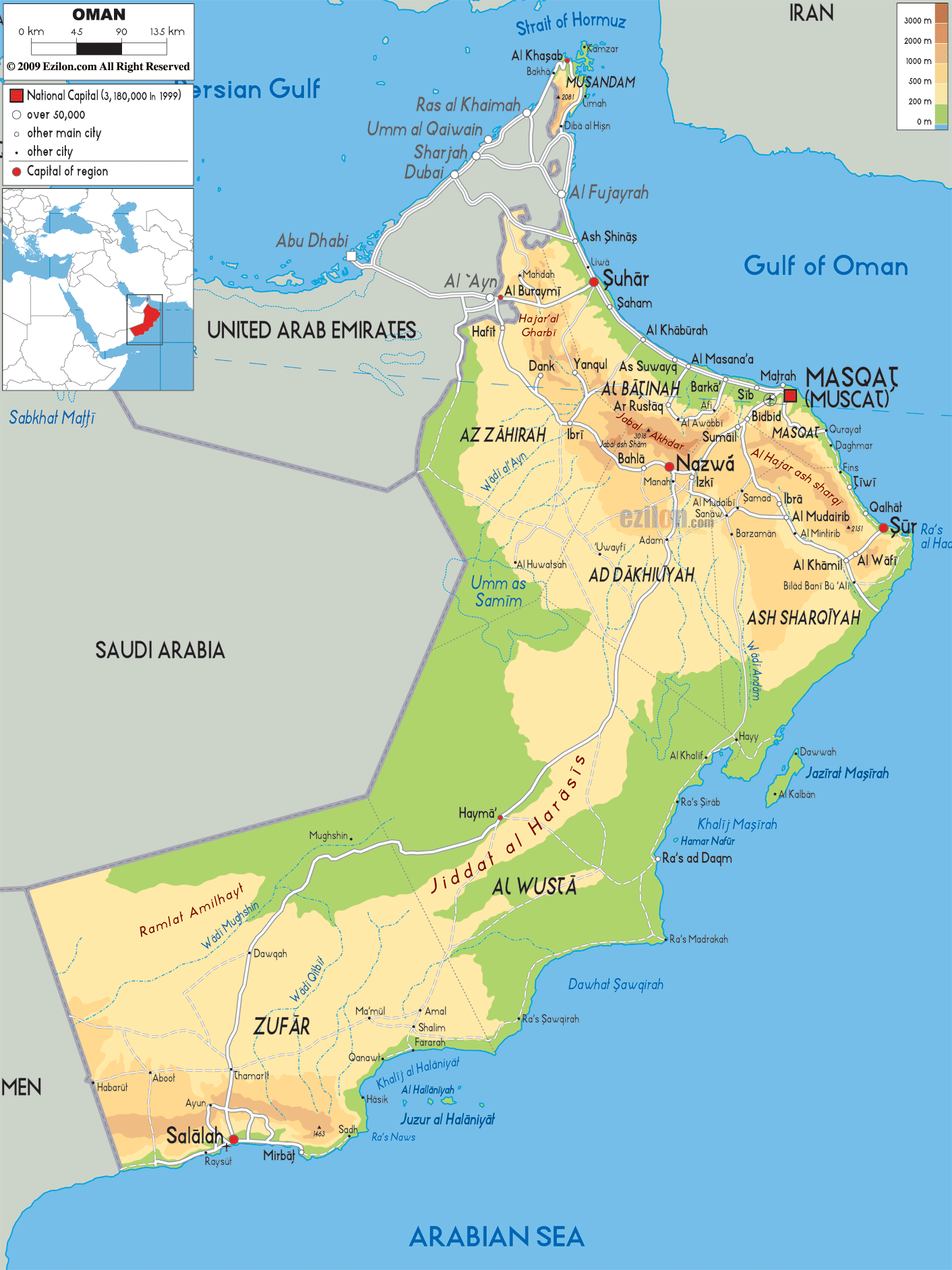 Physical Map of Oman - Ezilon Maps