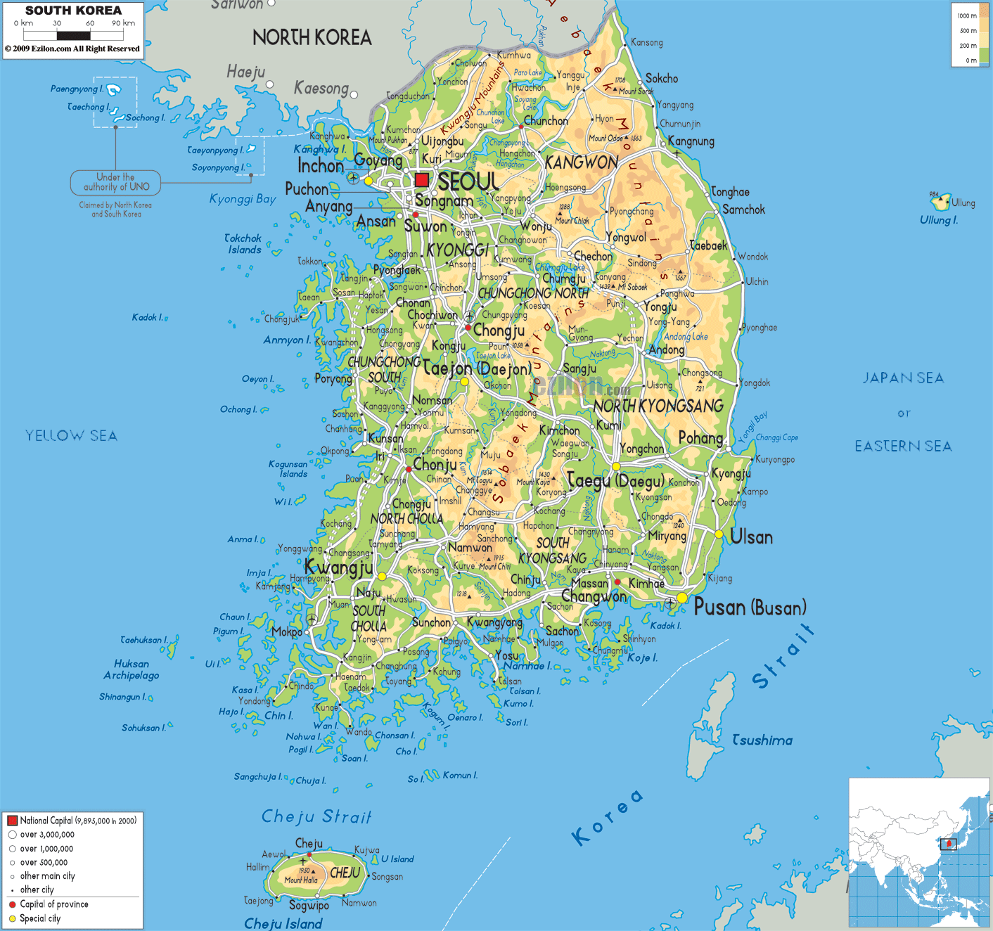 Physical Map of South Korea - Ezilon Maps
