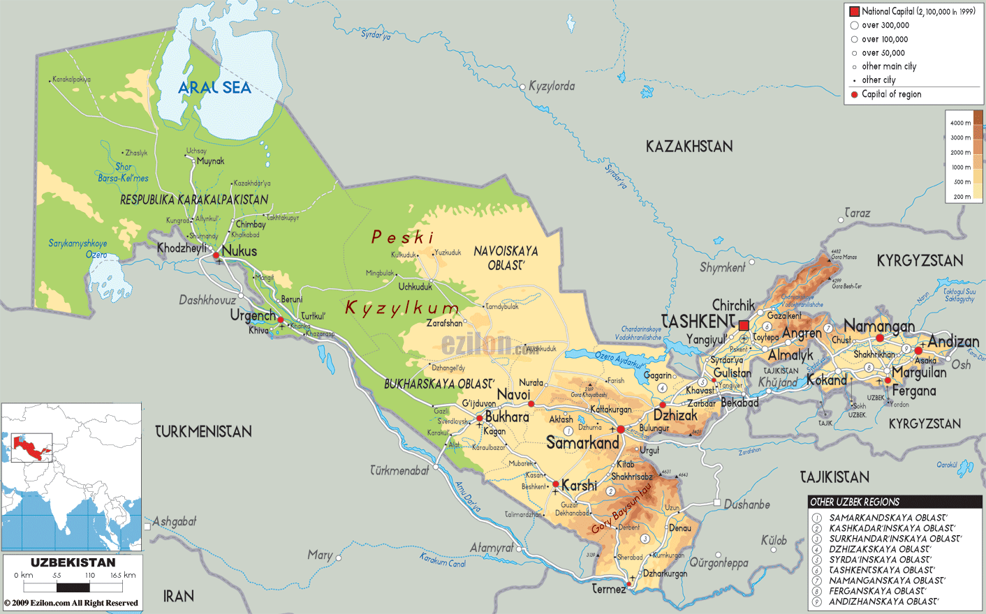 Physical Map of Uzbekistan - Ezilon Maps