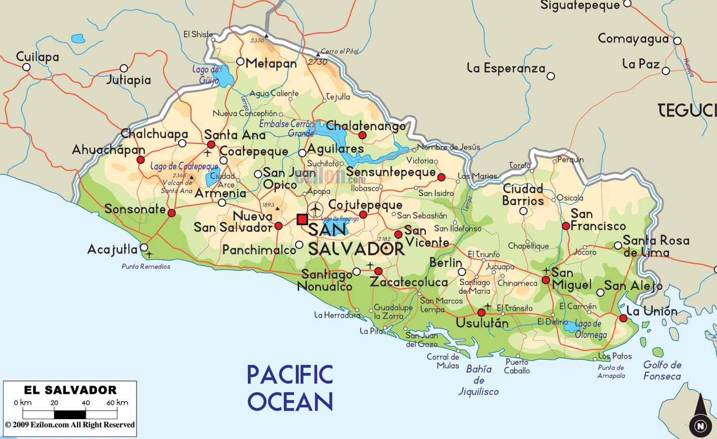 Physical Map of El Salvador - Ezilon Maps