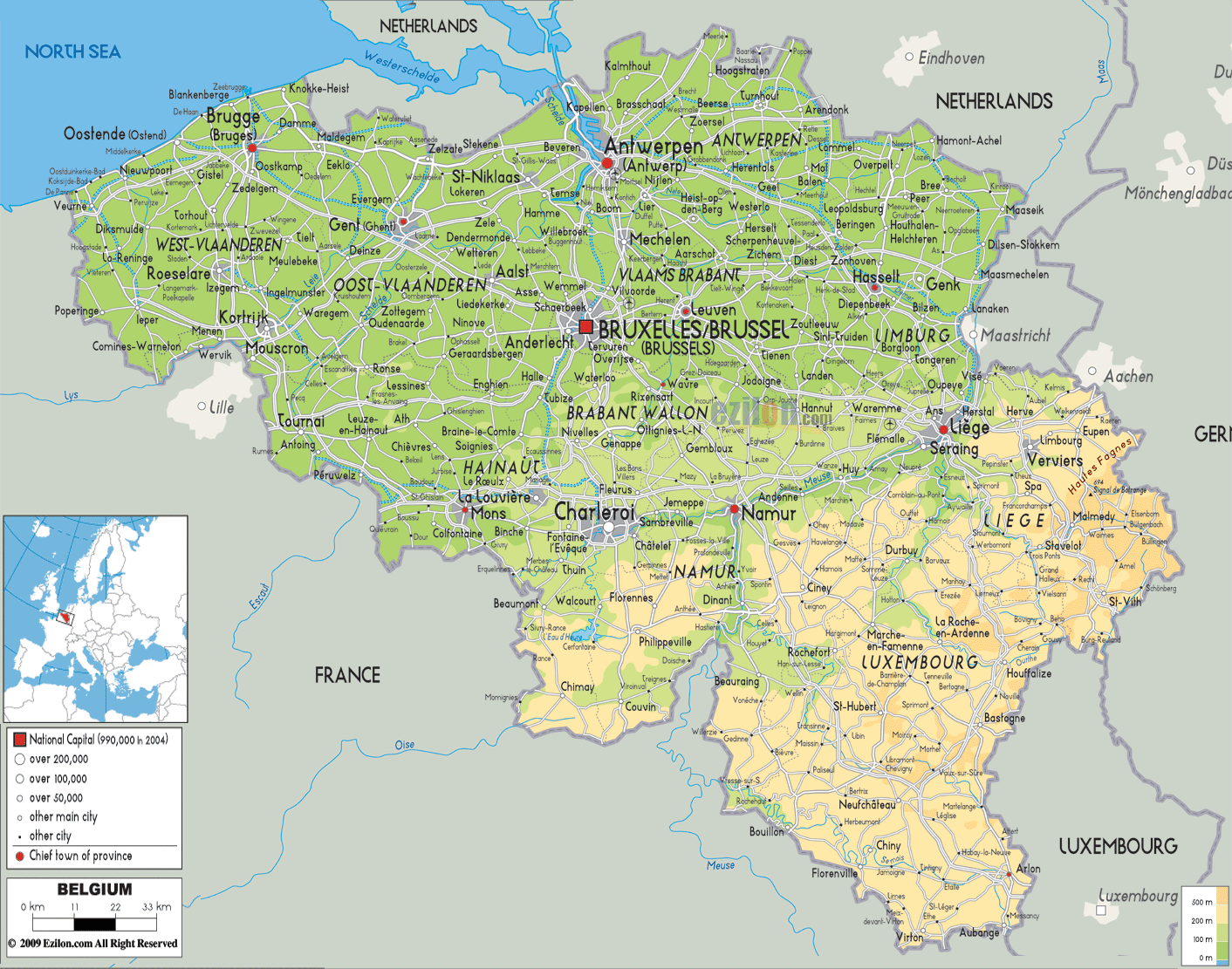 Physical Map of Belgium - Ezilon Maps