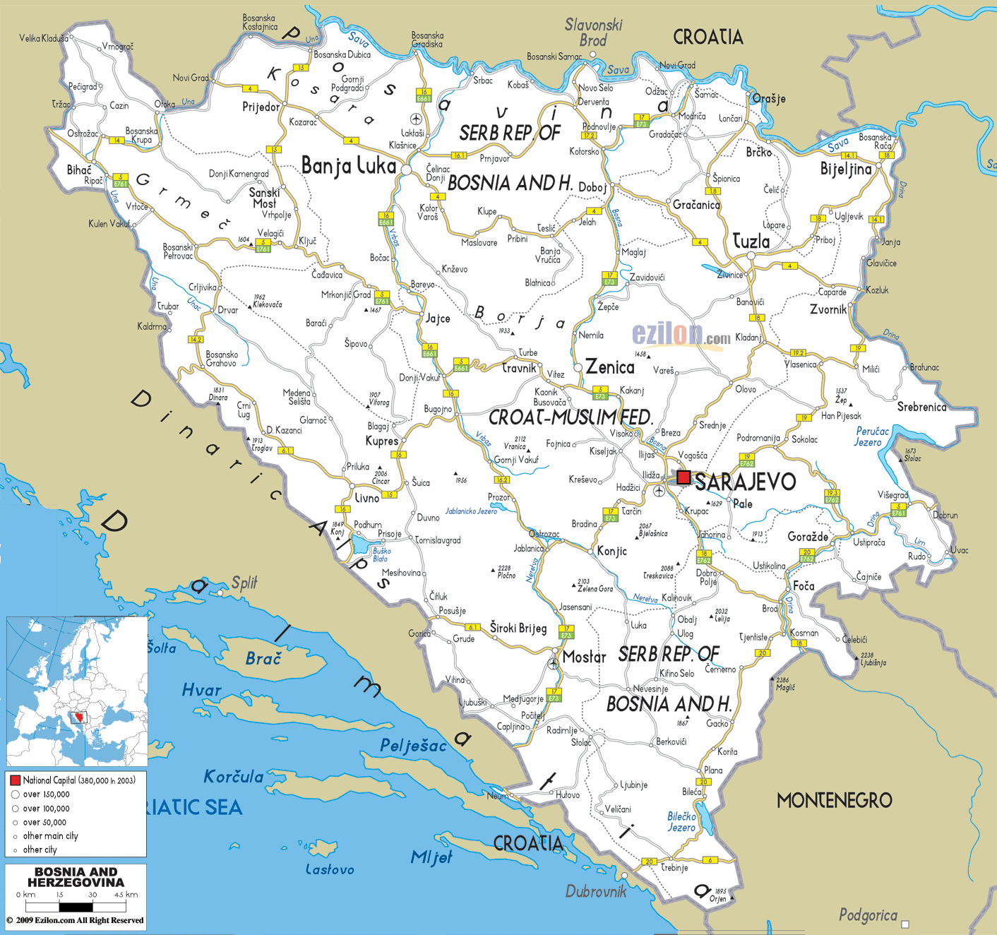 Road Map of Bosnia and Herzegovina - Ezilon Maps