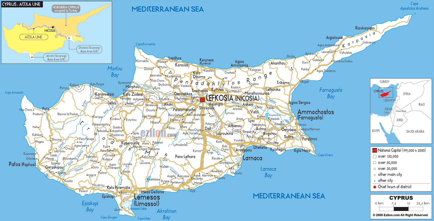 Road Map Of Cyprus Ezilon Map