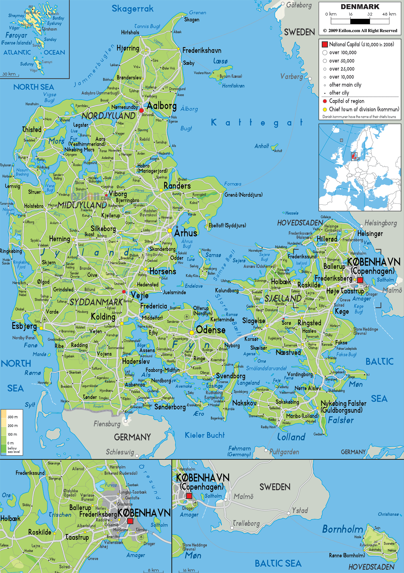 Physical Map of Denmark - Ezilon Maps
