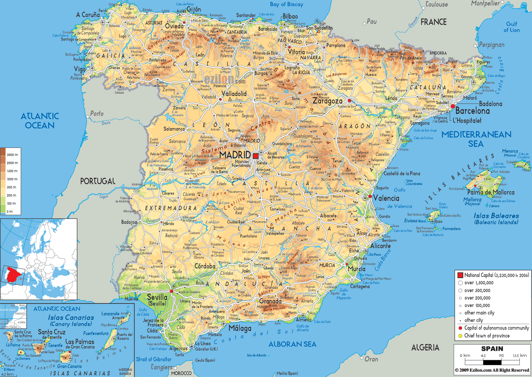 Physical Map Of Spain Ezilon Maps