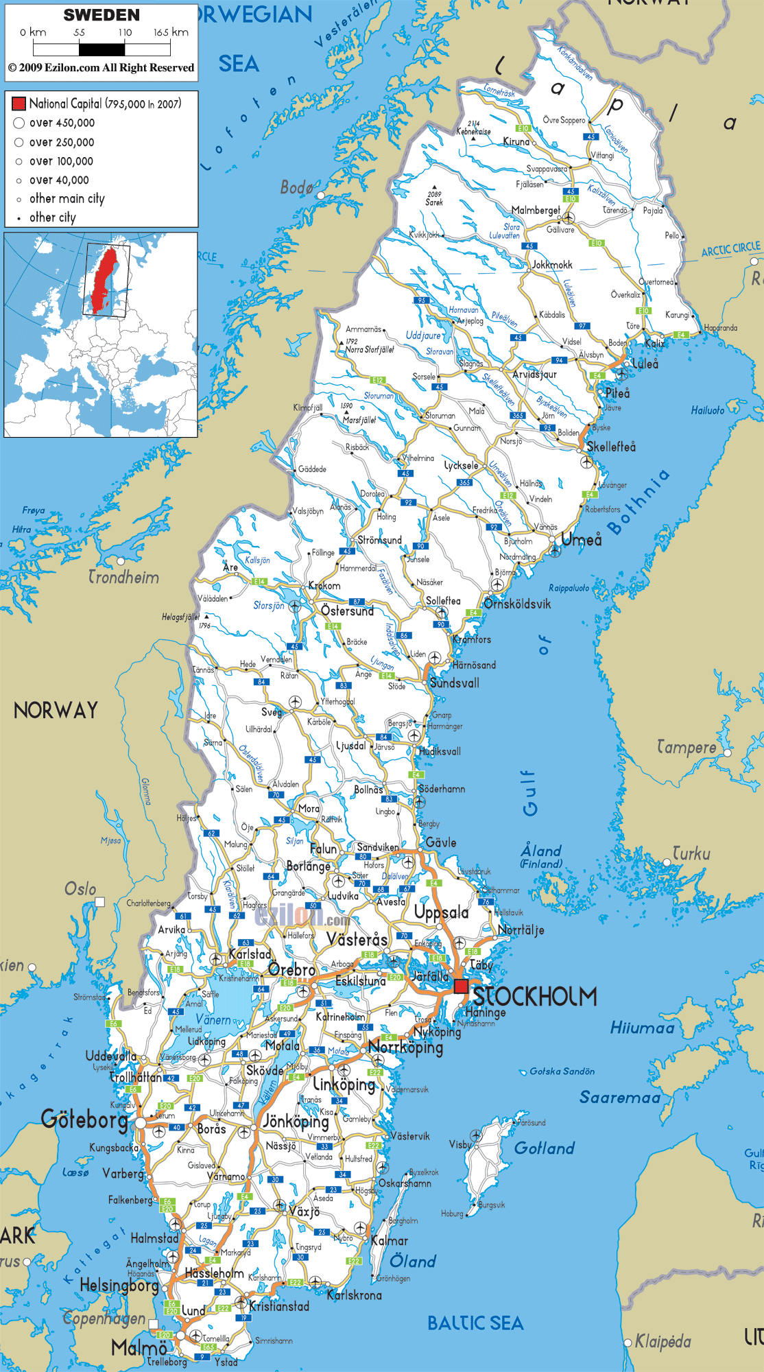 Road Map of Sweden - Ezilon Maps