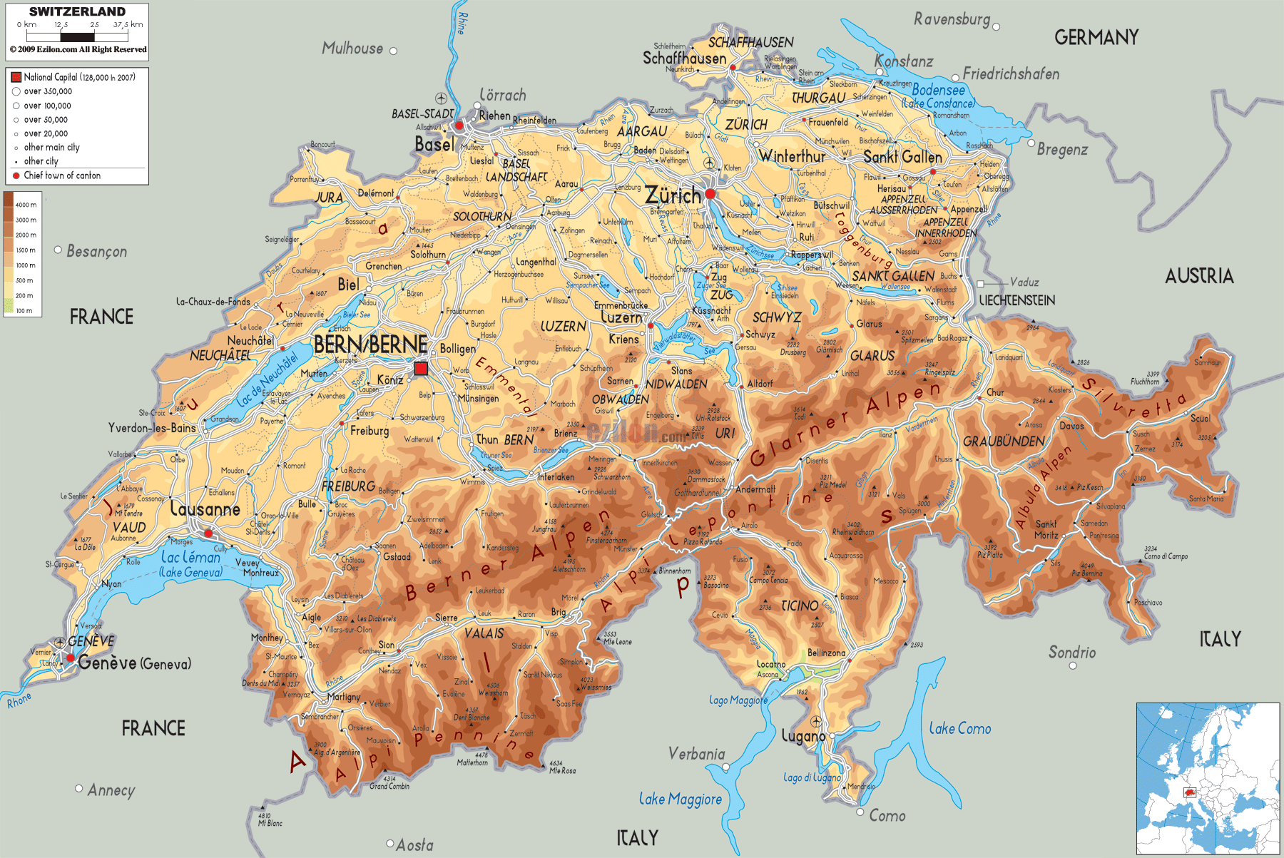 Physical Map of Switzerland - Ezilon Maps
