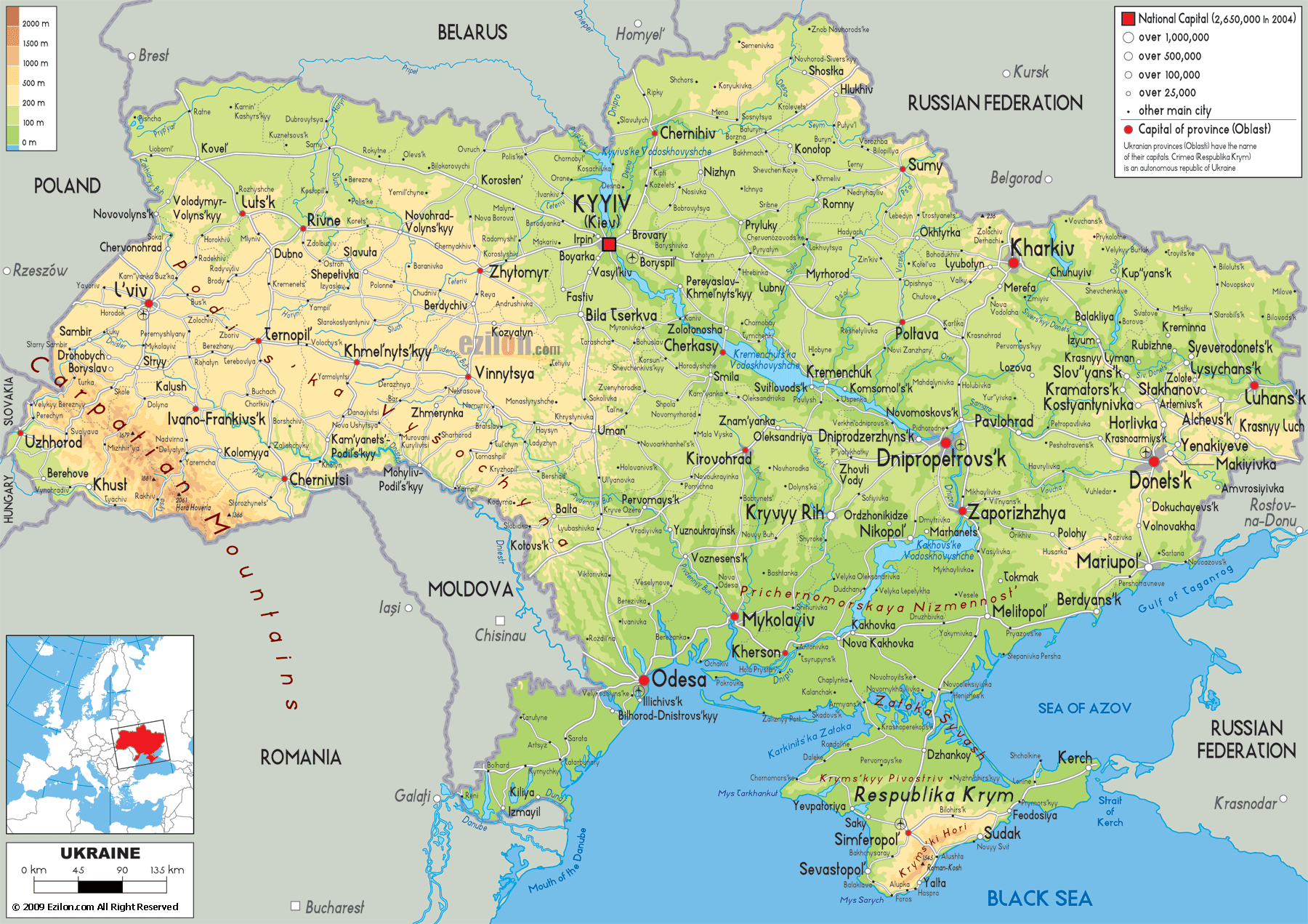 Physical Map of Ukraine - Ezilon Maps