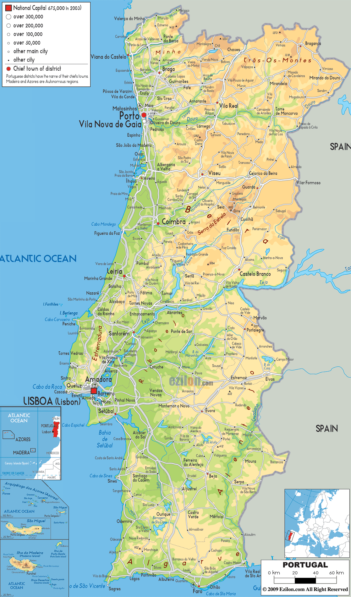 Physical Map of Portugal - Ezilon Maps