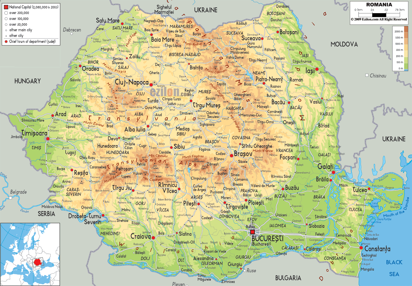Physical Map of Romania - Ezilon Maps