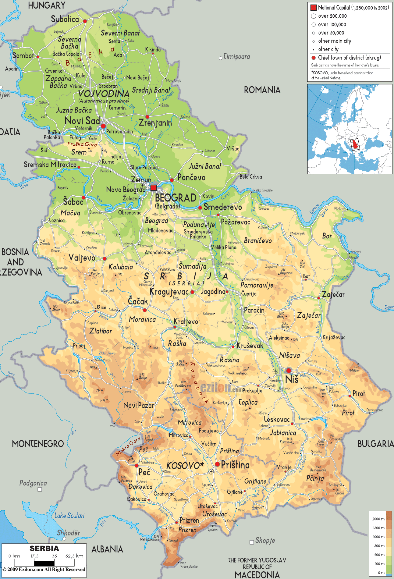 Physical Map of Vojvodina, lighten