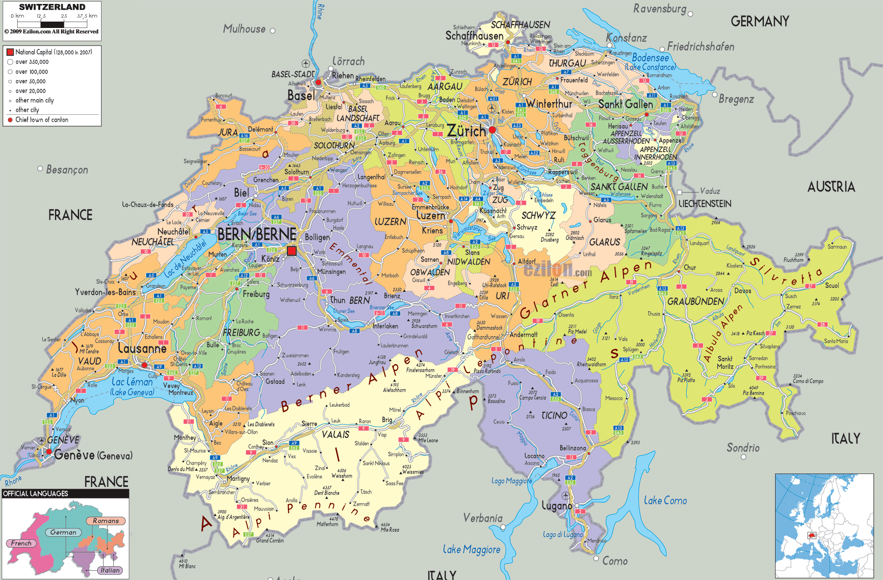 Political Map of Switzerland - Ezilon Maps