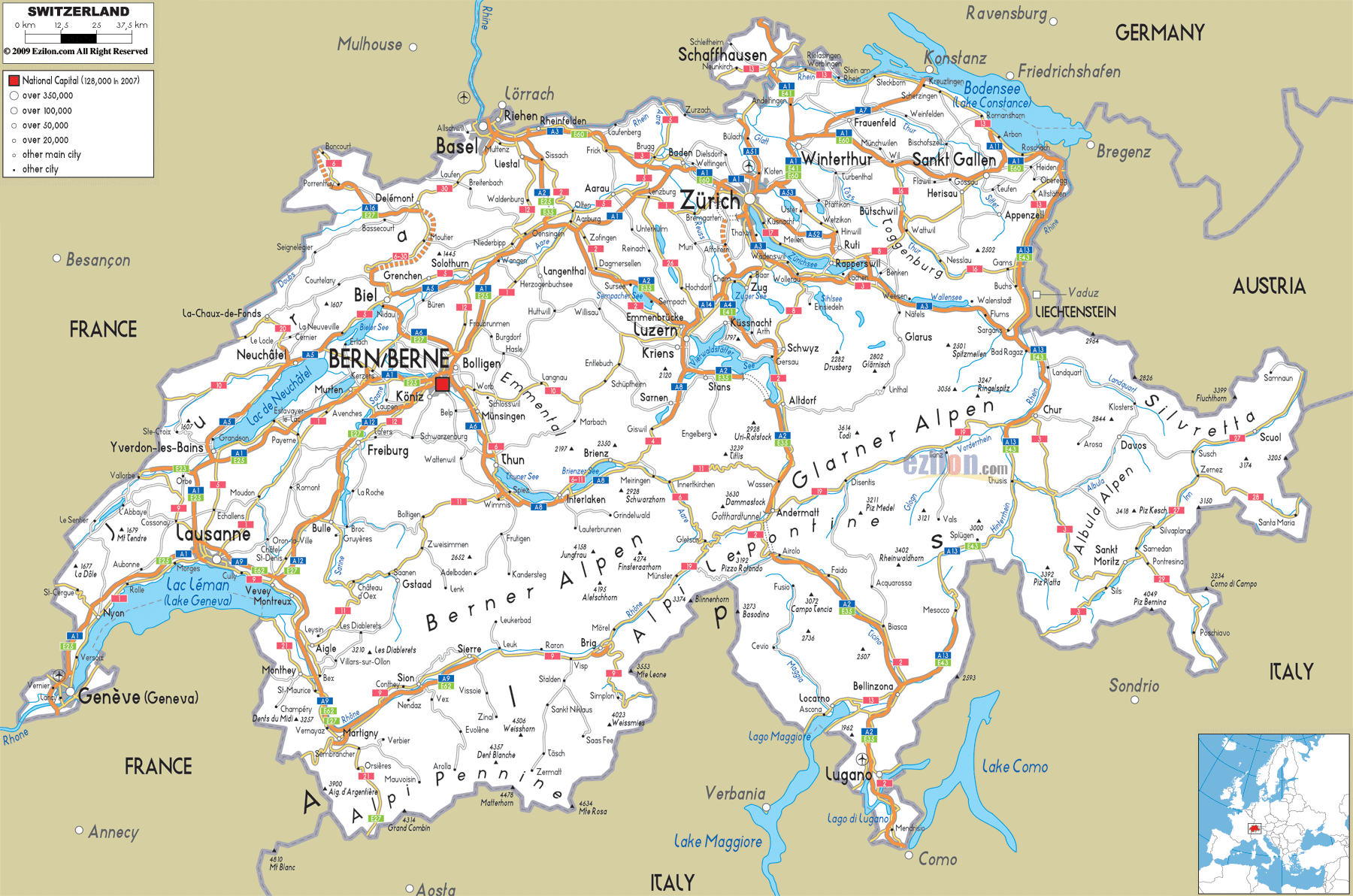 Road Map of Switzerland - Ezilon Maps