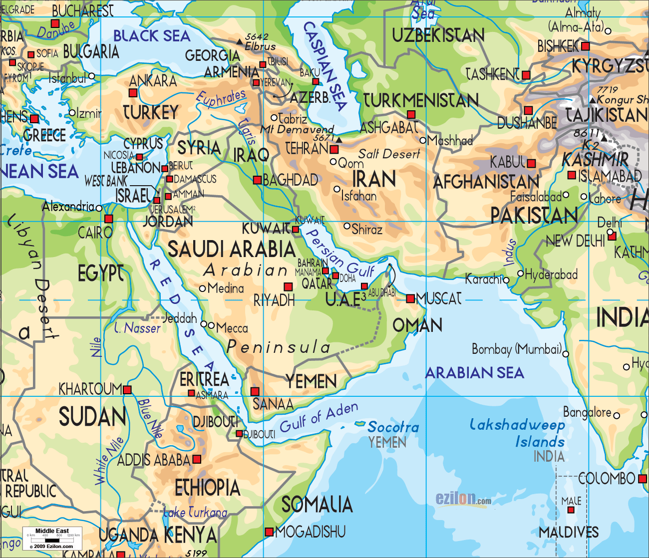 Physical Map Of Middle East Asia 24