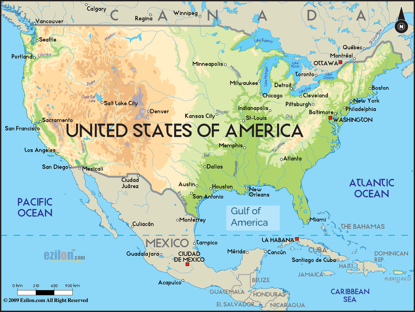 Physical Map of United States of America - Ezilon Maps