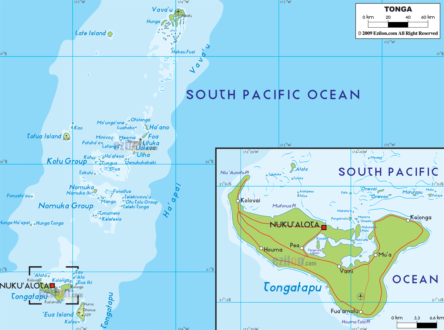 Physical Map of Tonga - Ezilon Maps