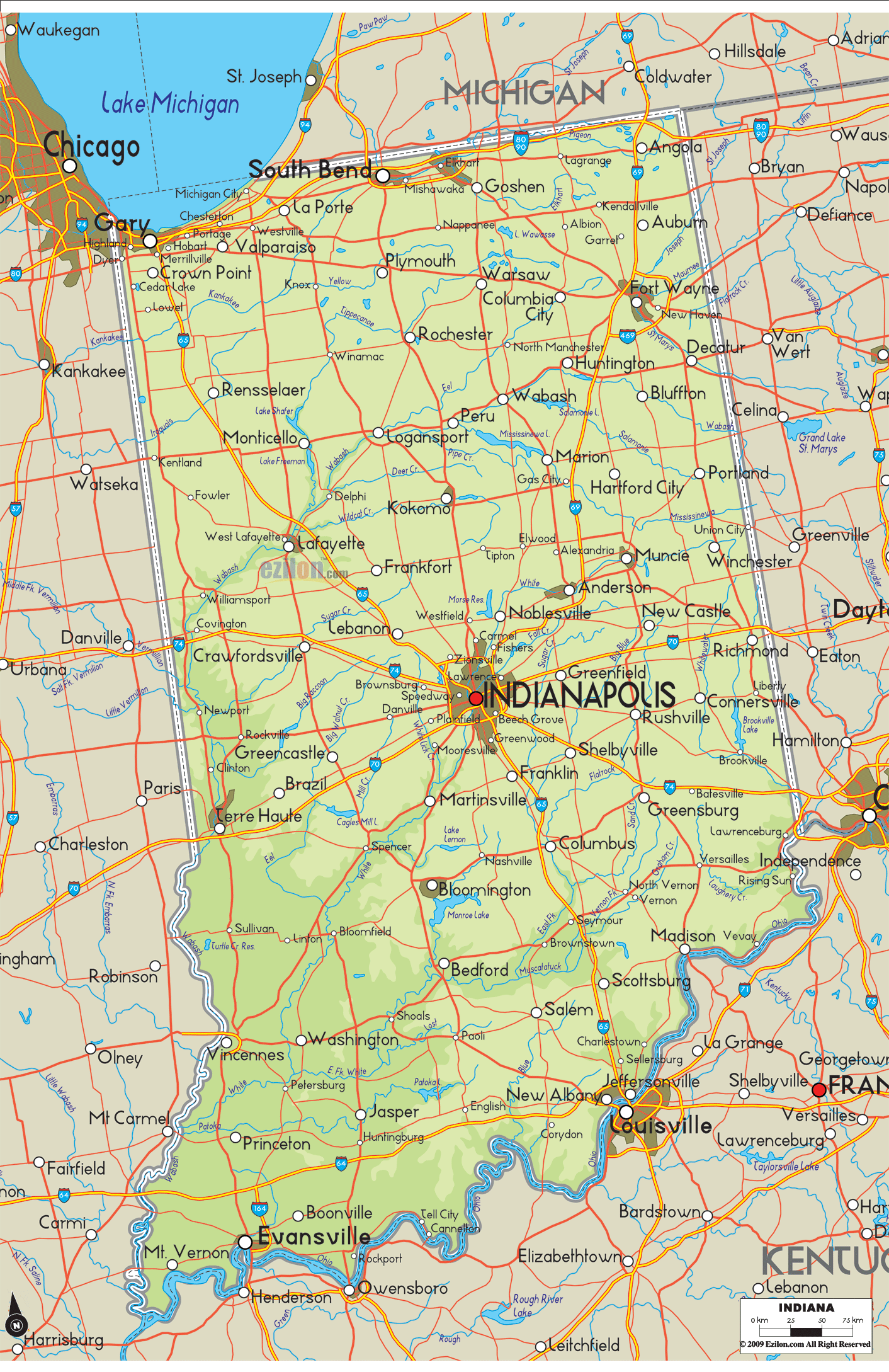 Physical Map Of Indiana Ezilon Maps