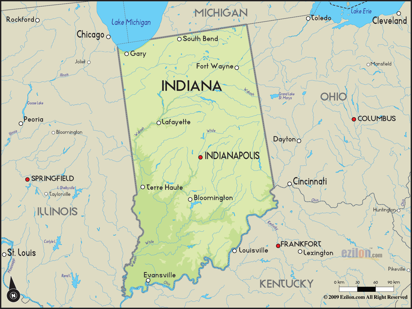 Geographical Map of Indiana and Indiana Geographical Maps