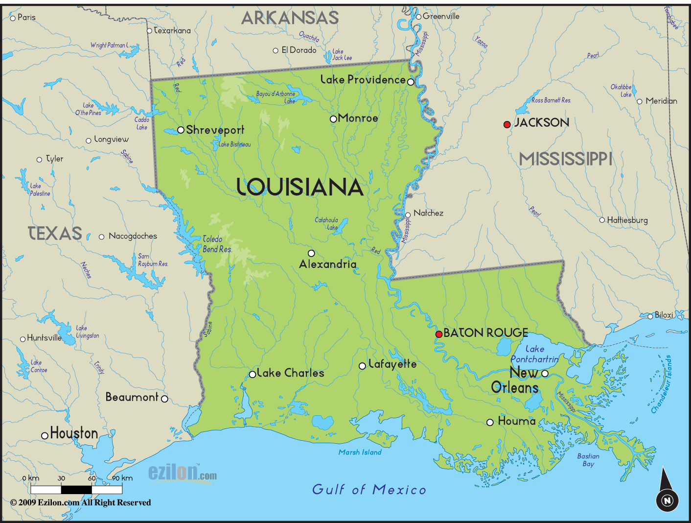 Geographical Map of Louisiana and Louisiana Geographical Maps