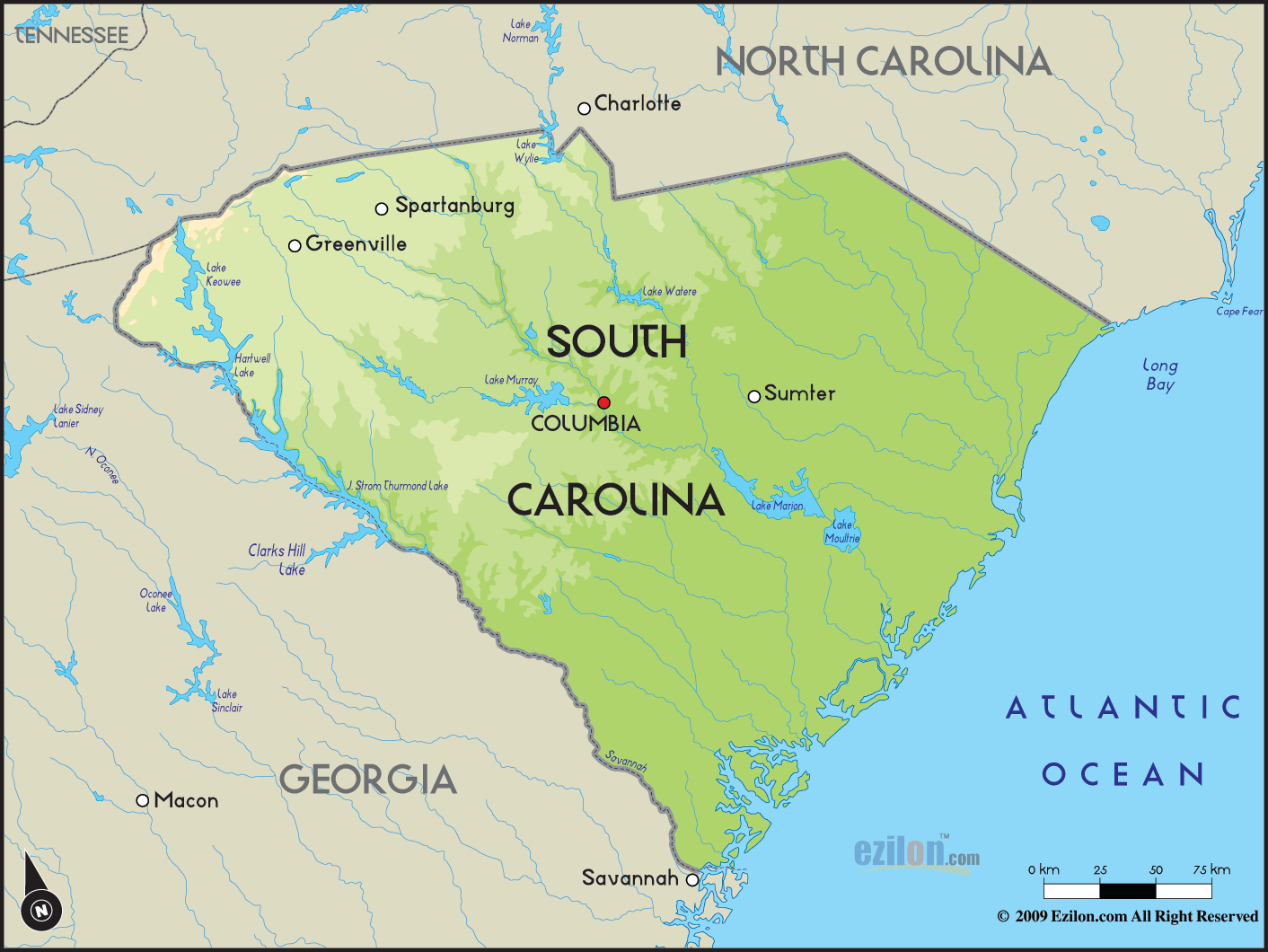 Geographical Map of South Carolina and South Carolina Geographical Maps