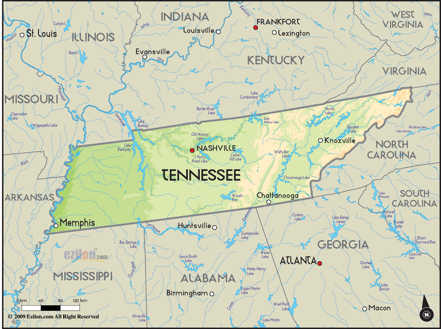 Geographical Map of Tennessee and Tennessee Geographical Maps