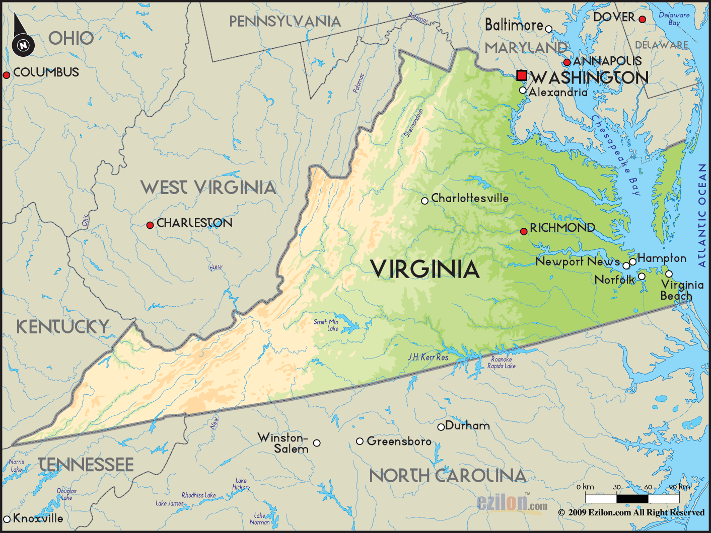 Geographical Map of Virginia and Virginia Geographical Maps