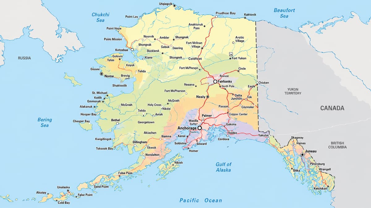Detailed large map of Alaska State, USA showing cities, towns, boroughs, census areas, and a light highway network for orientation.