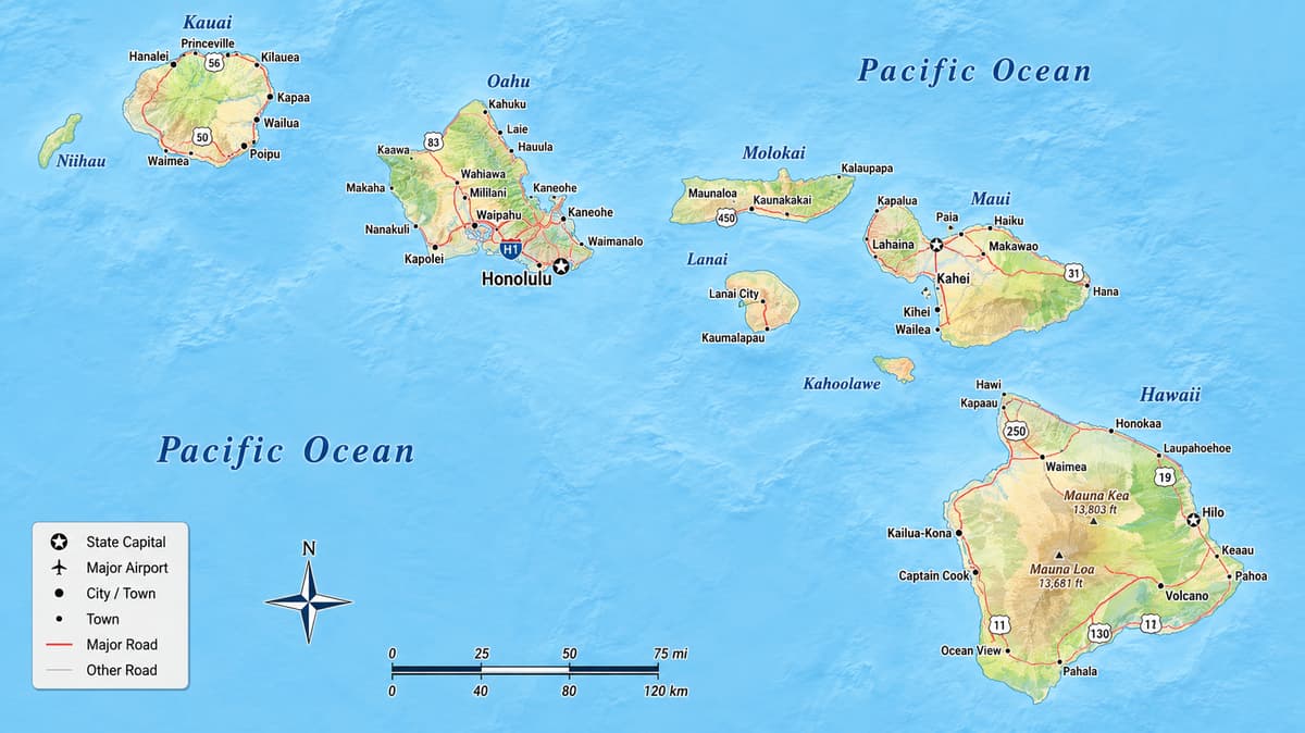 Detailed large map of Hawaii State, USA showing cities, towns, county formations, highways, and State routes.