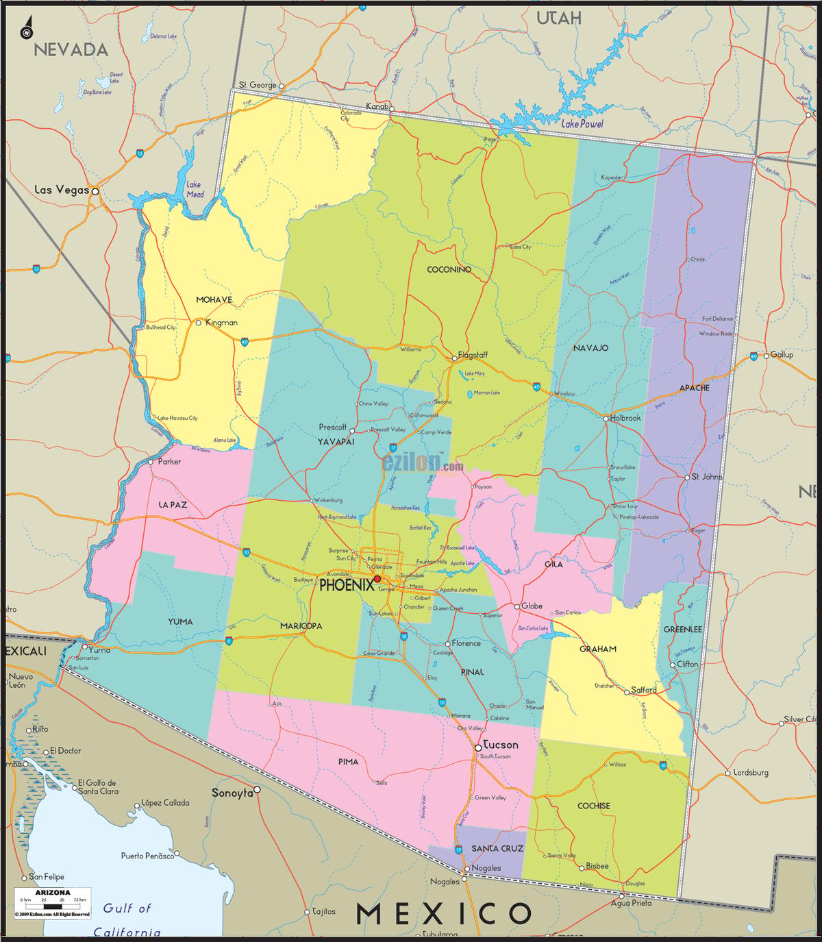 Detailed large map of Arizona state showing cities, towns, county formations, roads highway, US highways and state routes.