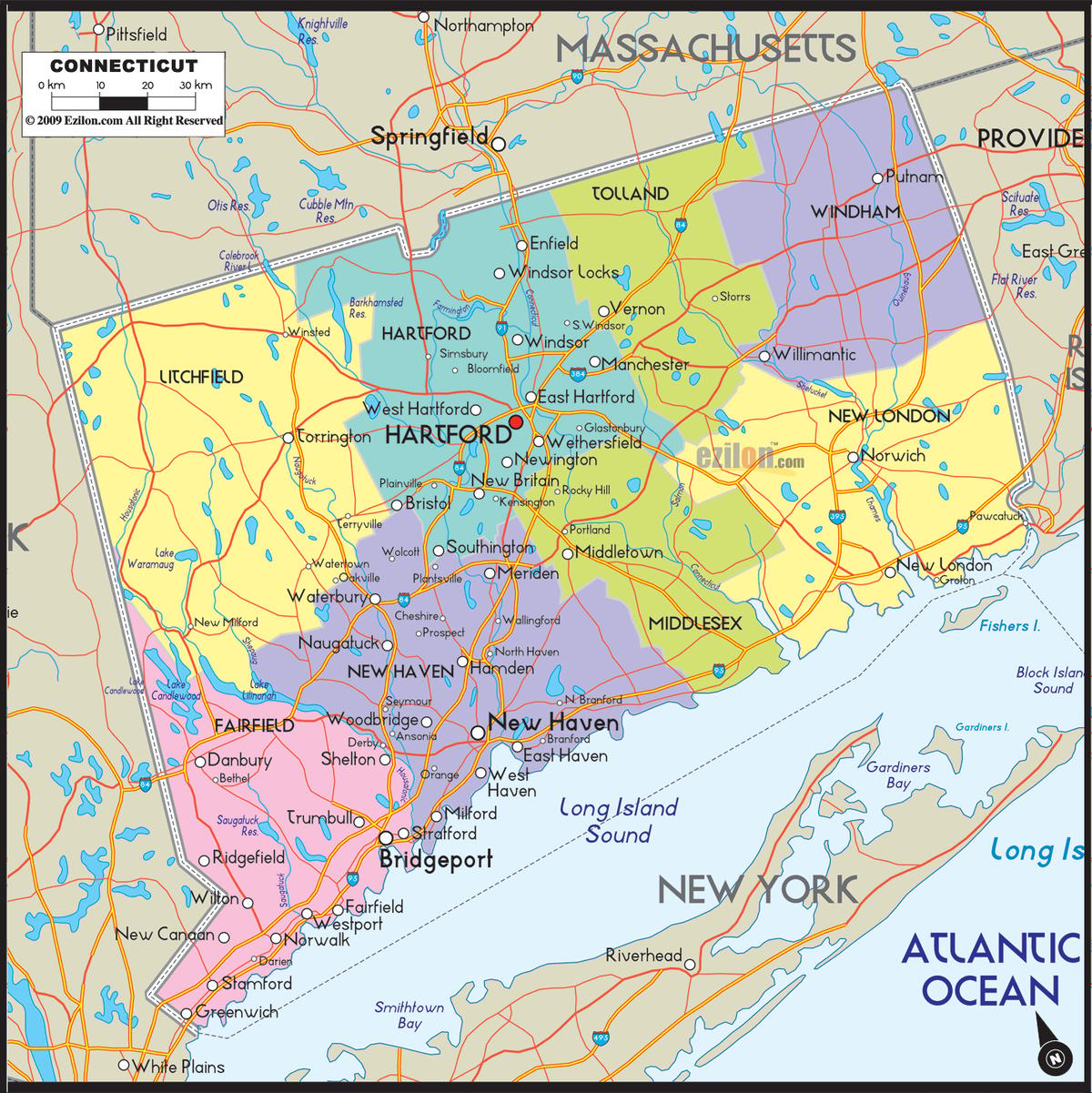 Detailed large map of Connecticut State showing cities, towns, county formations, roads highway, boundaries, US highways to other neighbouring states and State routes.