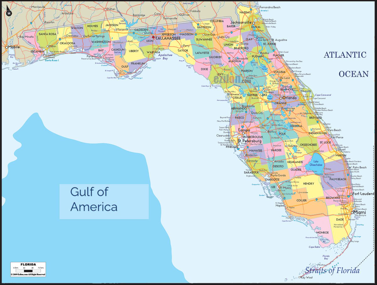 Detailed Large Map of Florida State USA Detailed large map of Florida State USA showing cities, towns, county formations, roads highway, US highways and State routes.