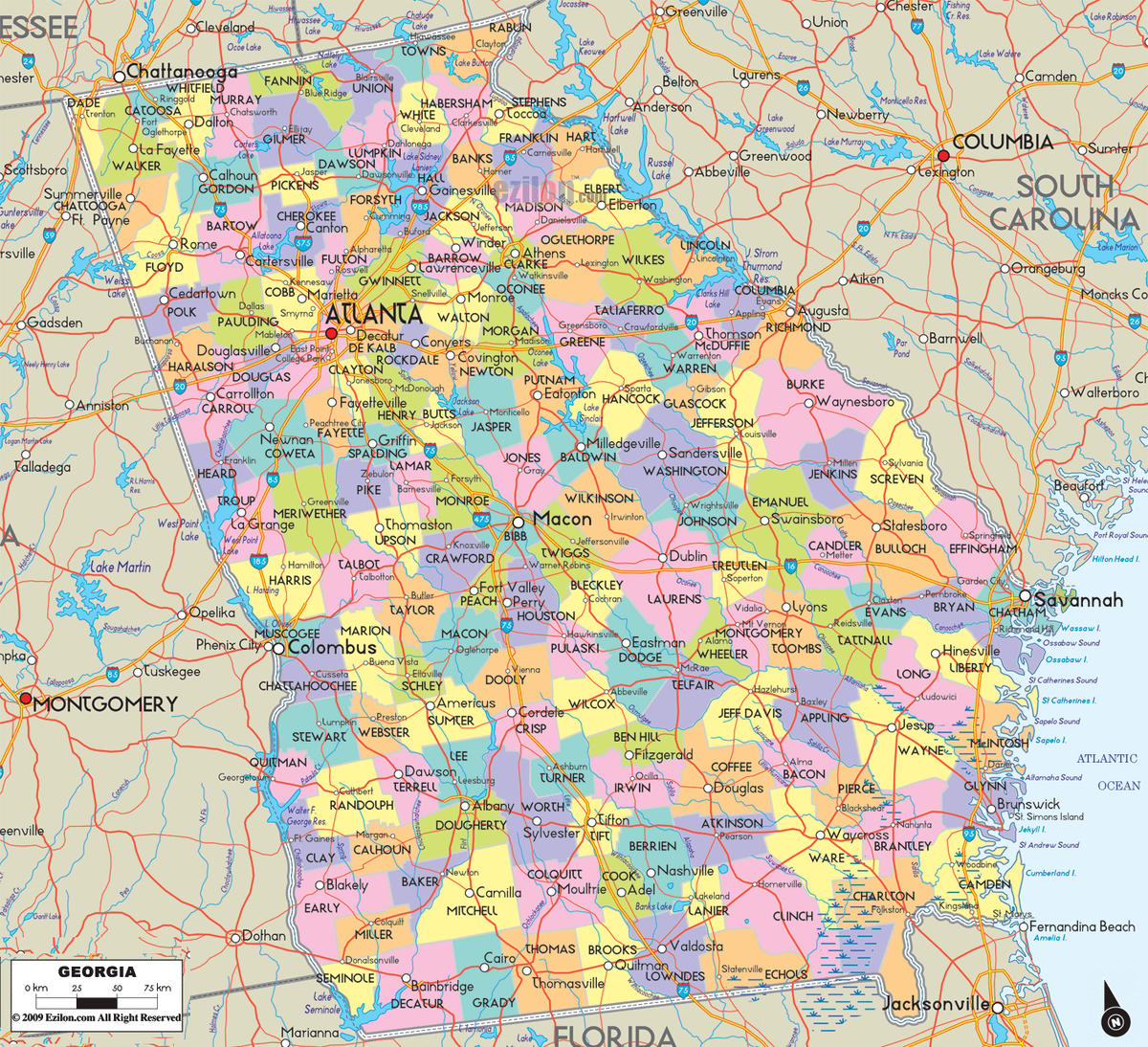 Detailed Large Map of Georgia State USA Detailed large map of Georgia State USA showing cities, towns, county formations, roads highway, US highways and State routes.