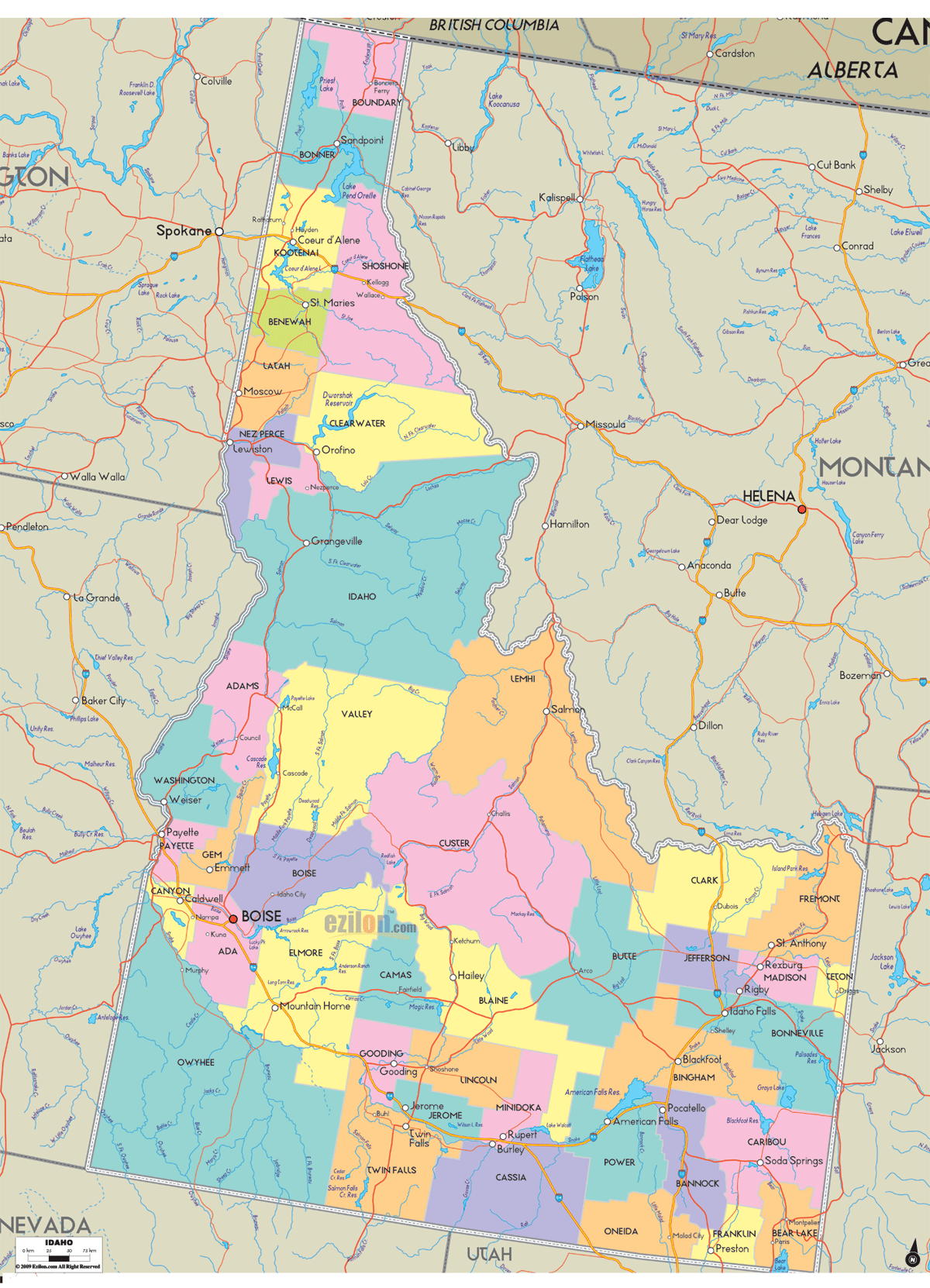 Detailed Large Map of Idaho State USA Detailed large map of Idaho State USA showing cities, towns, county formations, and a light roads layer for orientation.