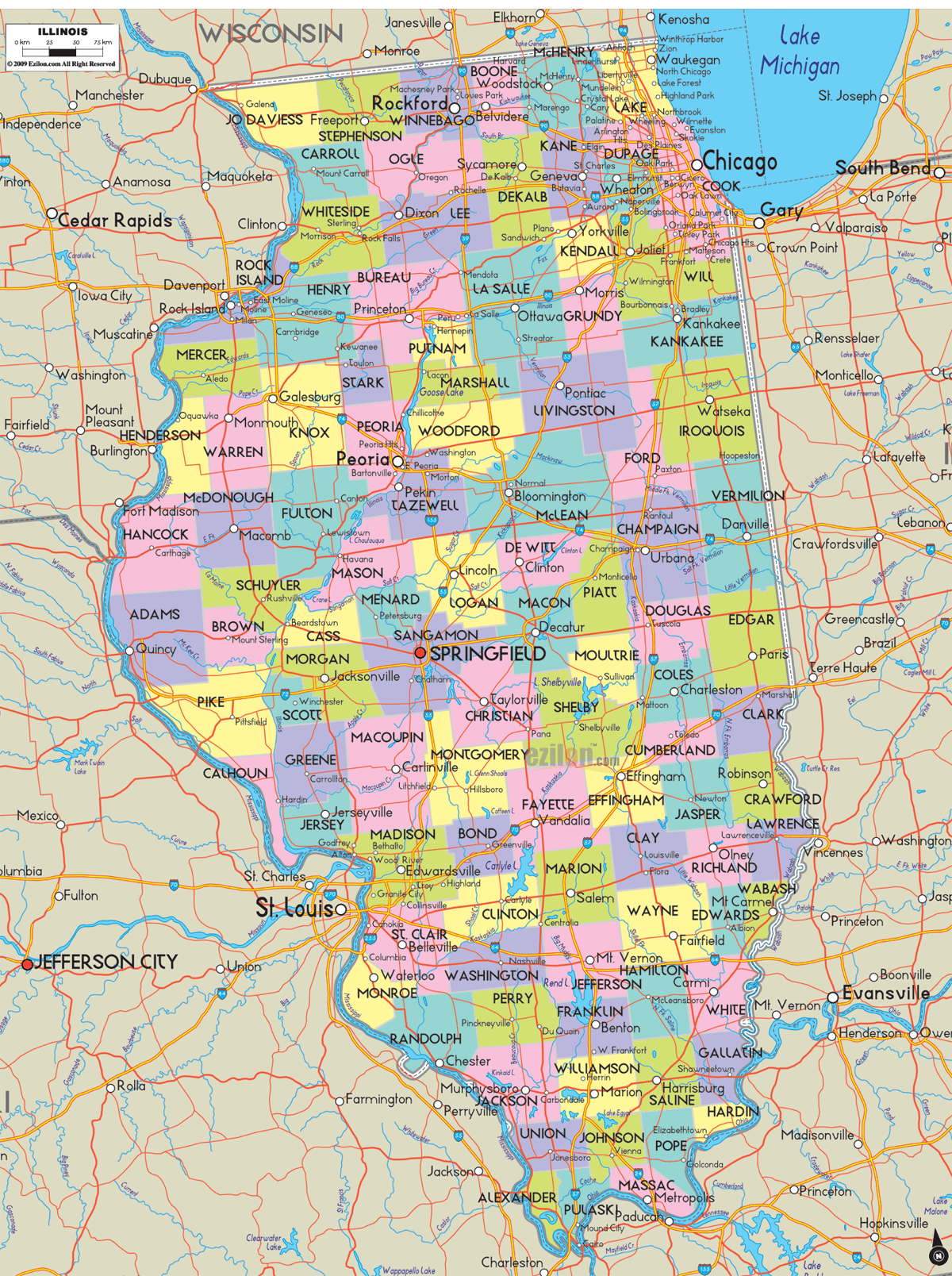 Detailed large map of Illinois State, USA showing cities, towns, county formations, roads highway, US highways and State routes.