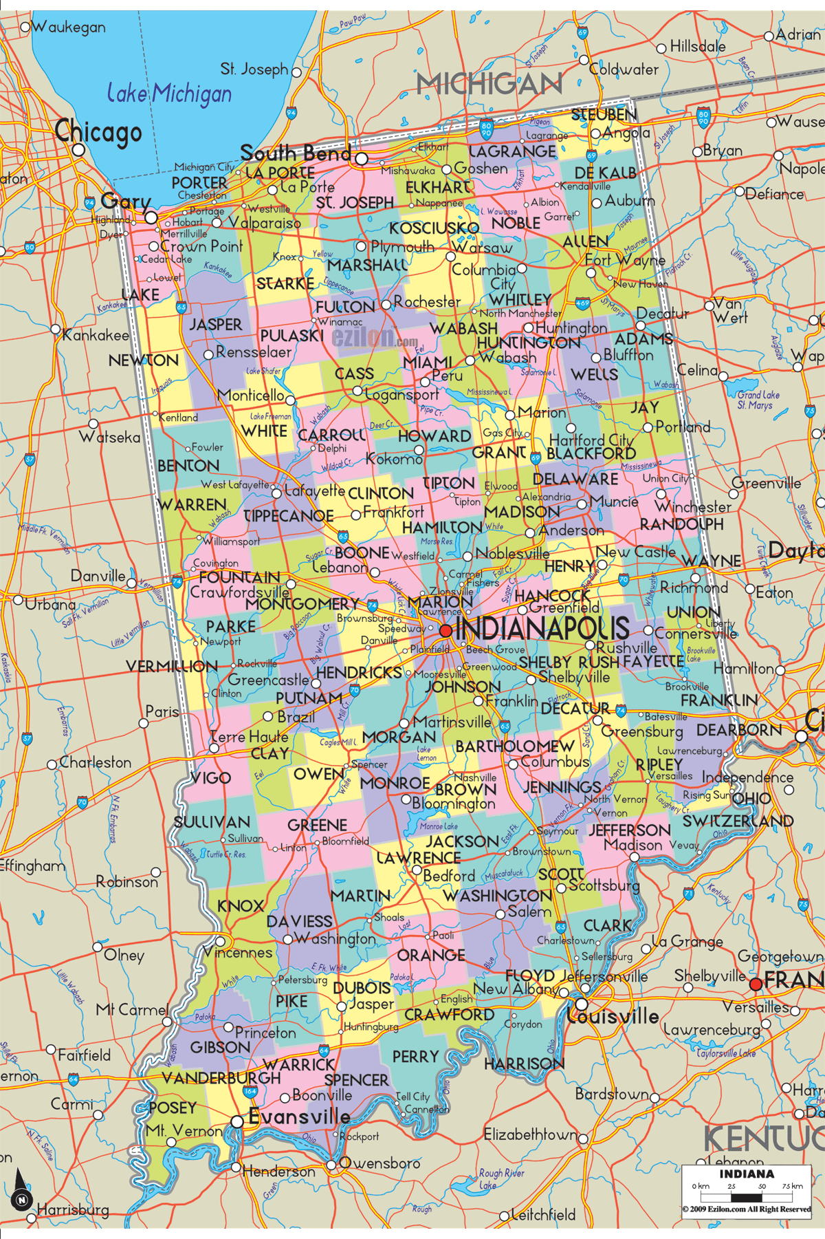 Detailed large map of Indiana State USA showing cities, towns, county formations, roads highway, US highways and State routes.