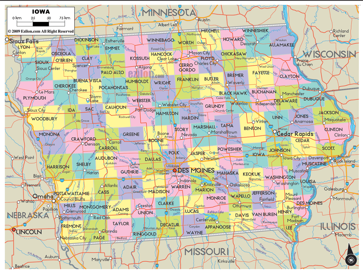 Detailed Large Map of Iowa State USA Detailed large map of Iowa State USA showing cities, towns, county formations, roads highway, US highways and State routes.