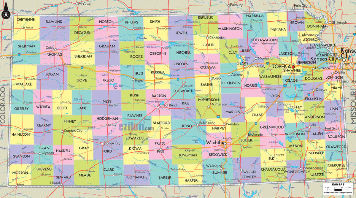 Detailed large map of Kansas State USA showing cities, towns, county formations, roads highway, US highways and State routes.