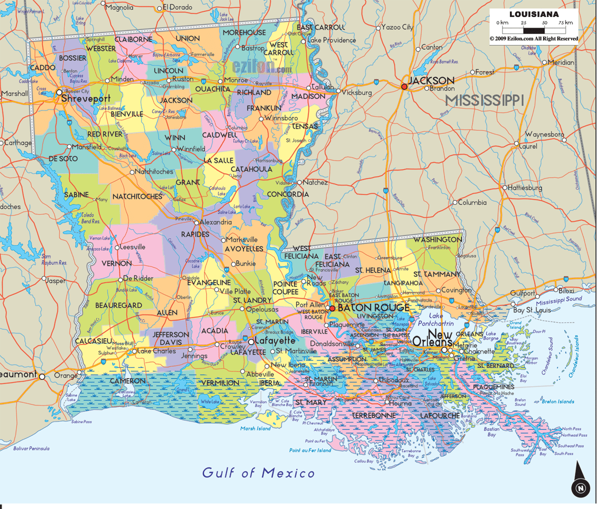 Detailed Large Map of Louisiana State, USA Detailed large map of Louisiana State, USA showing cities, towns, parish formations, roads highway, US highways and State routes.