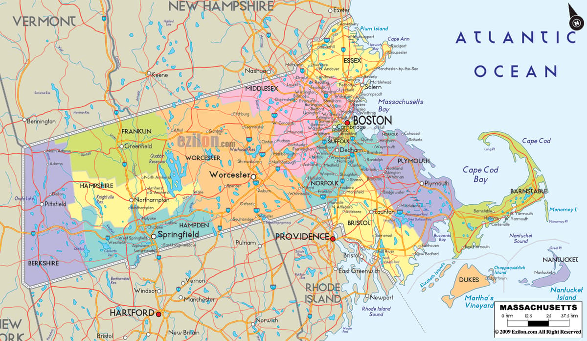 Detailed Large Map of Massachusetts State, USA Detailed large map of Massachusetts State, USA showing cities, towns, county formations, roads highway, US highways and State routes.