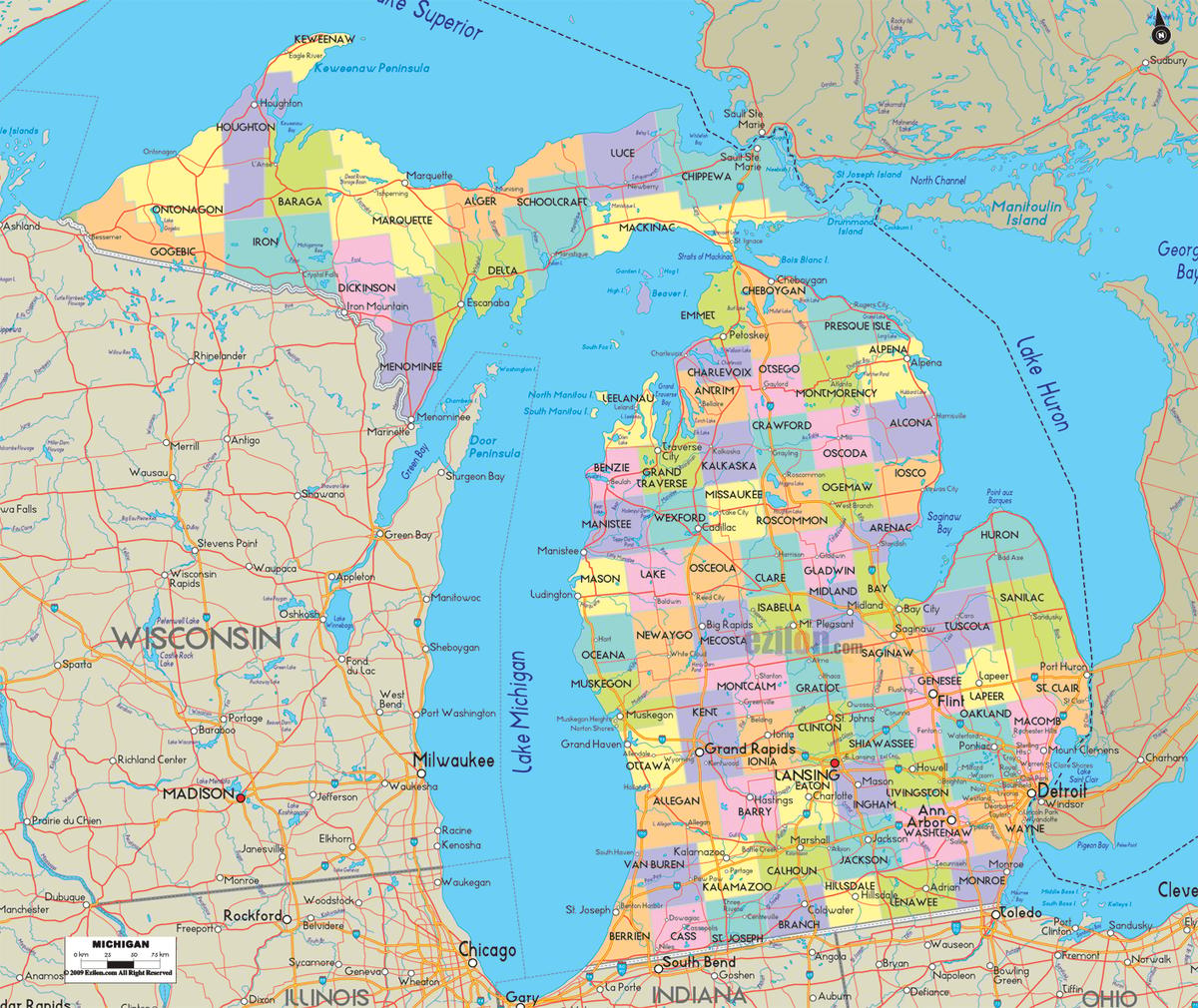 Detailed large map of Michigan State, USA showing cities, towns, county formations, roads highway, US highways and State routes.