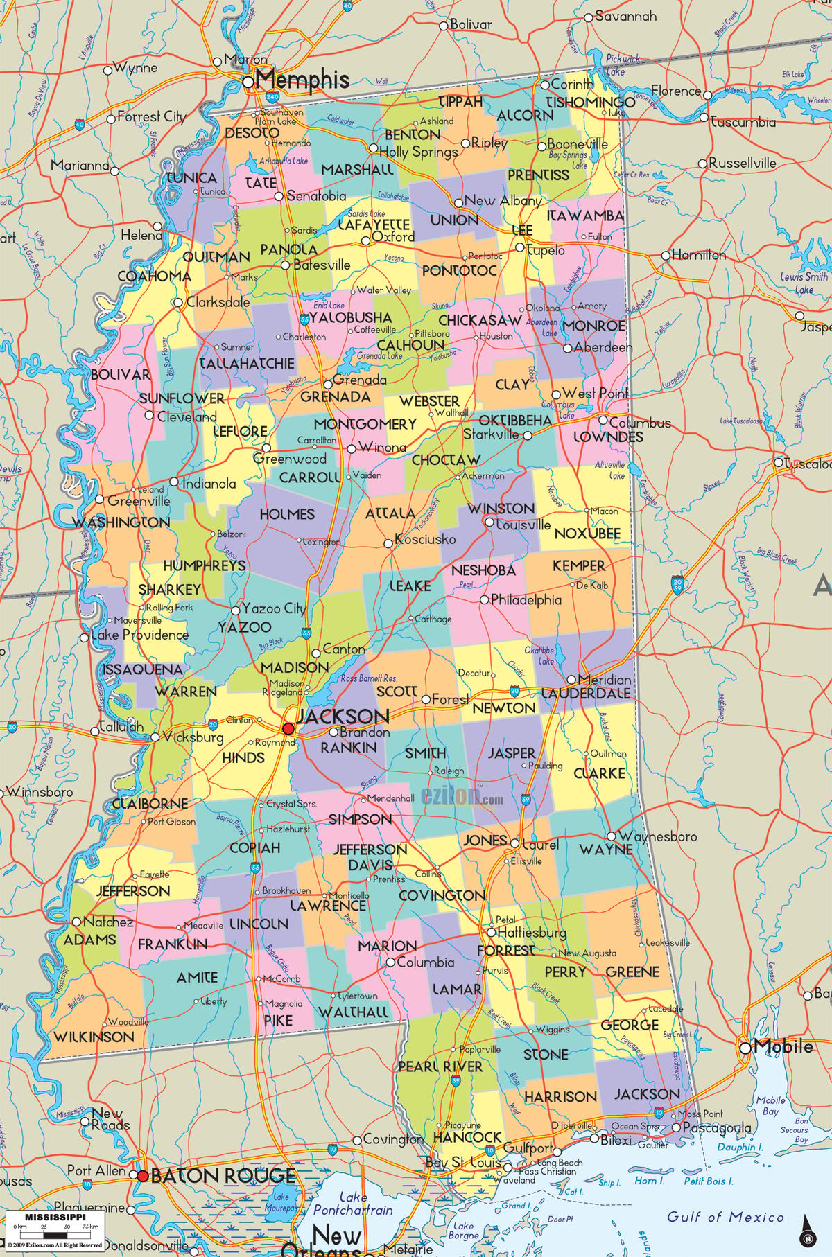 Detailed large map of Mississippi State, USA showing cities, towns, county formations, roads highway, US highways and State routes.